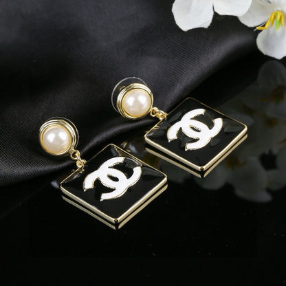 Chanel Classic Pearl Monochrome Black Enamel Square CC Drop Earrings