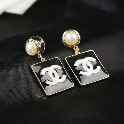 Chanel Classic Pearl Monochrome Black Enamel Square CC Drop Earrings
