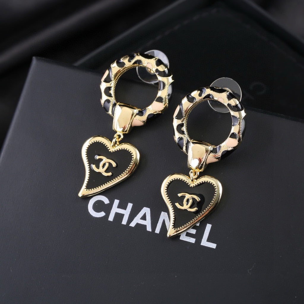 Chanel New Leopard Print Resin Hoop Black Enamel Heart CC Drop Earrings