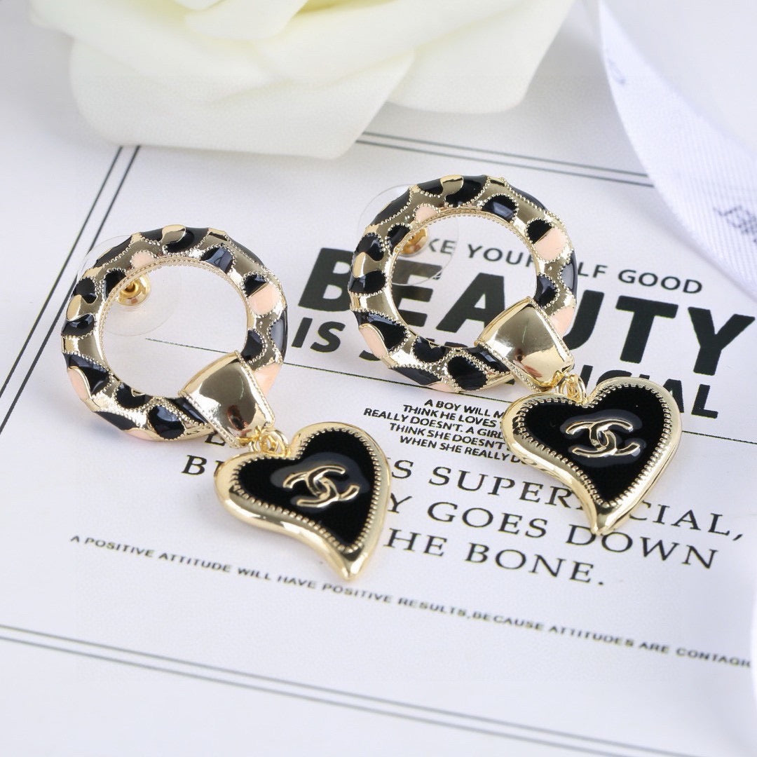 Chanel New Leopard Print Resin Hoop Black Enamel Heart CC Drop Earrings