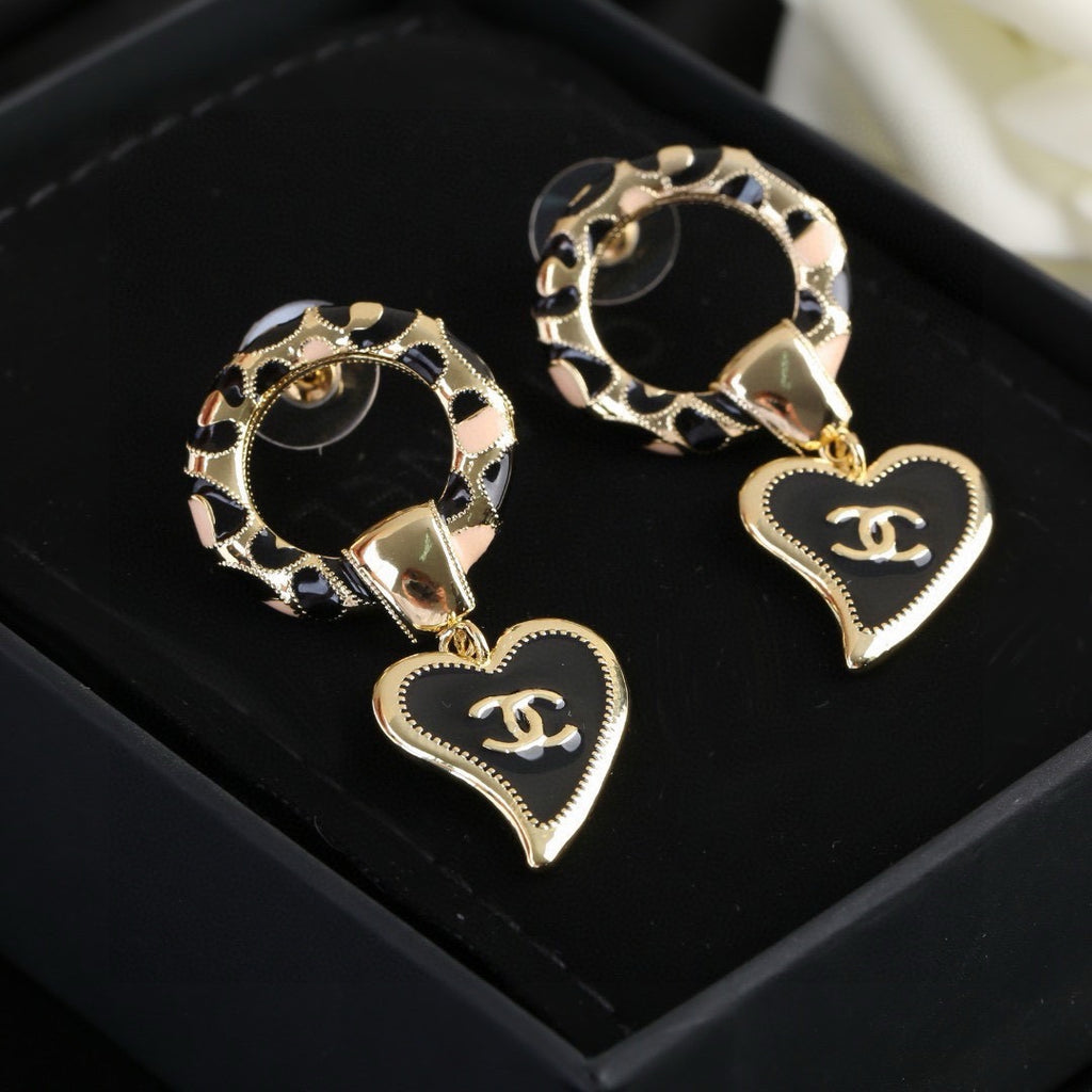 Chanel New Leopard Print Resin Hoop Black Enamel Heart CC Drop Earrings