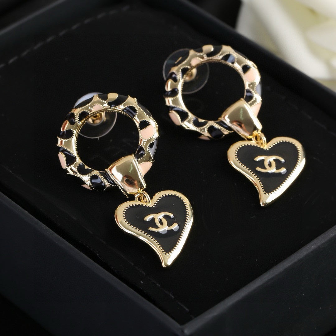 Chanel New Leopard Print Resin Hoop Black Enamel Heart CC Drop Earrings