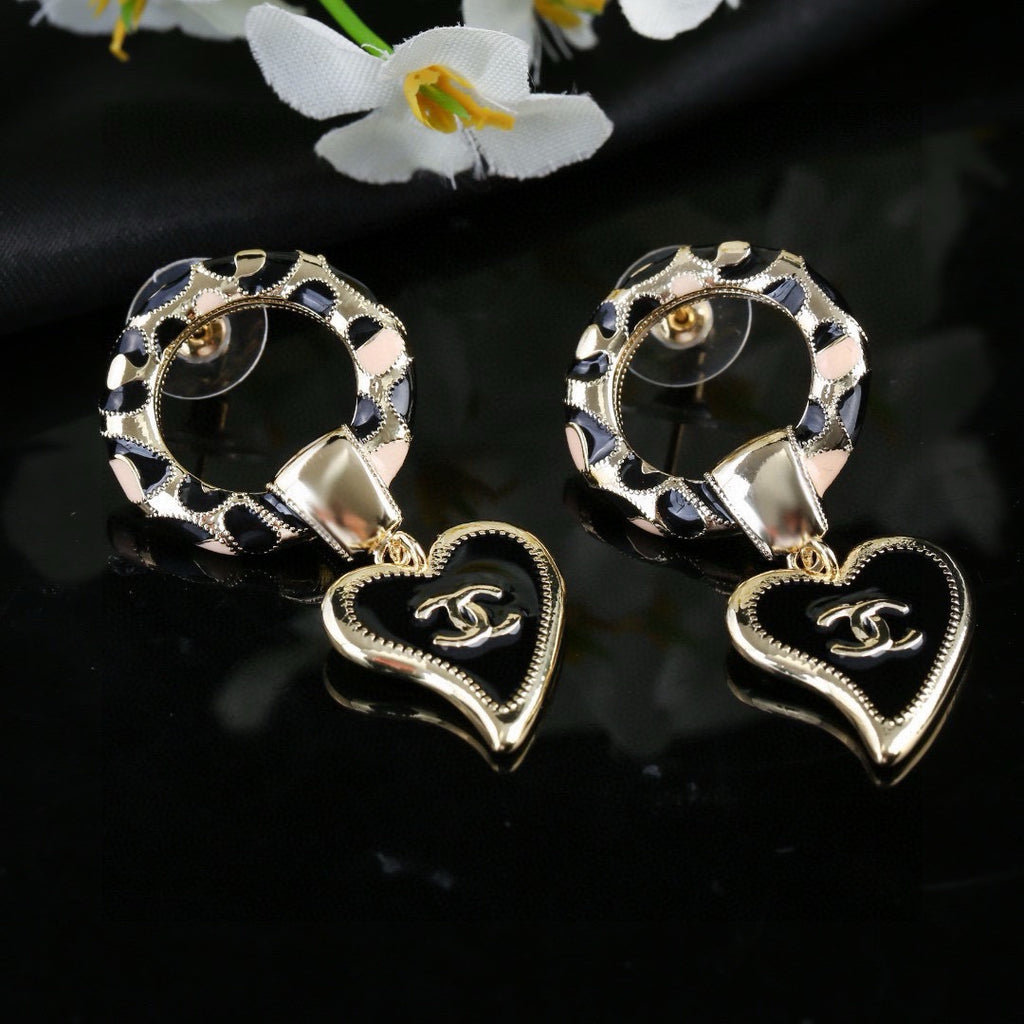 Chanel New Leopard Print Resin Hoop Black Enamel Heart CC Drop Earrings