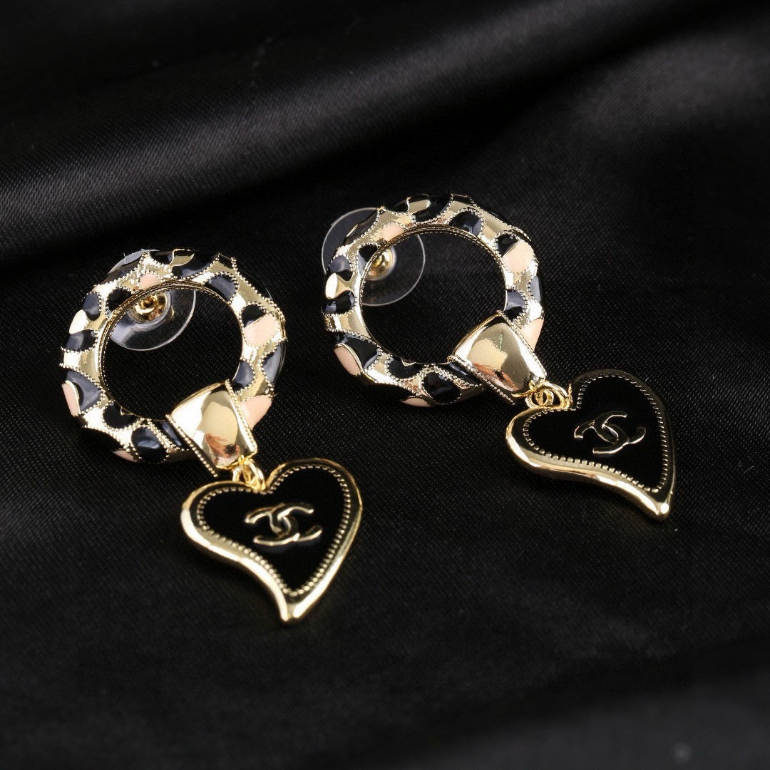 Chanel New Leopard Print Resin Hoop Black Enamel Heart CC Drop Earrings