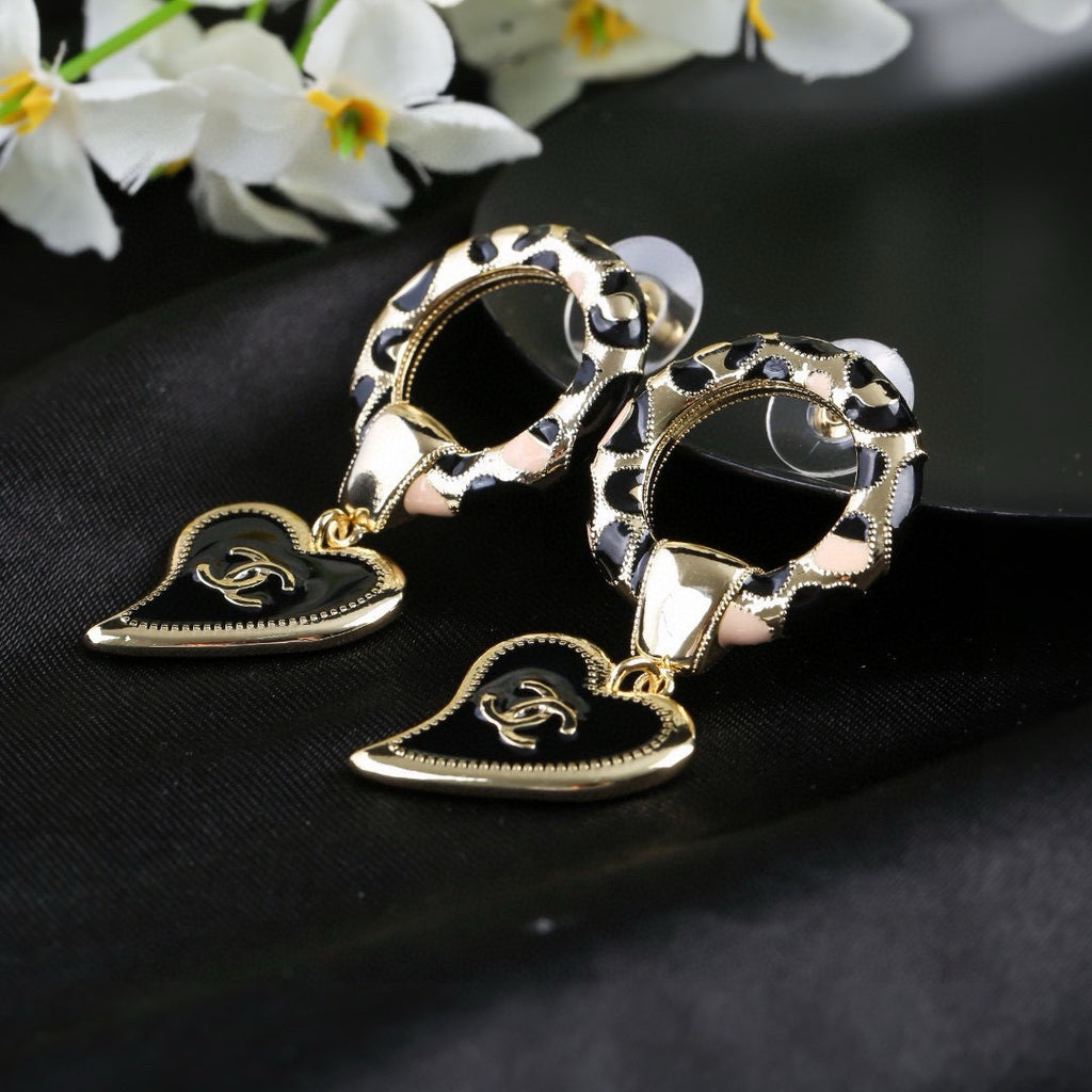 Chanel New Leopard Print Resin Hoop Black Enamel Heart CC Drop Earrings