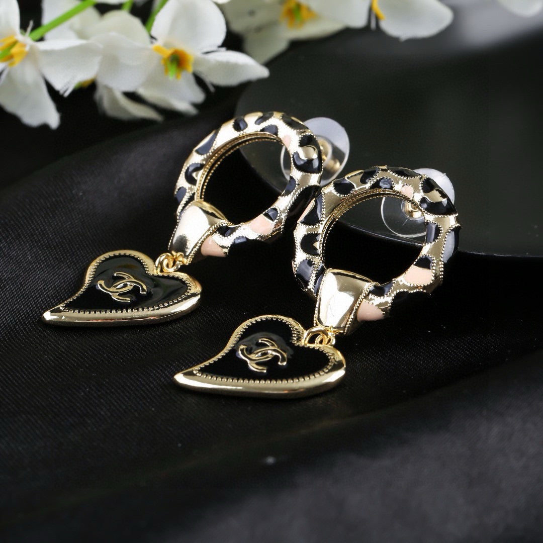 Chanel New Leopard Print Resin Hoop Black Enamel Heart CC Drop Earrings