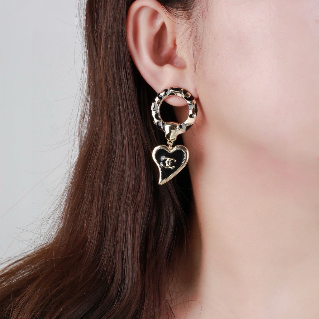 Chanel New Leopard Print Resin Hoop Black Enamel Heart CC Drop Earrings