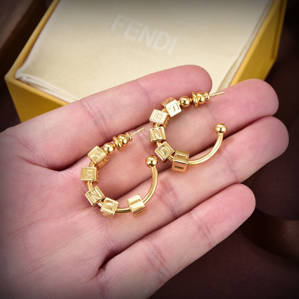 Fendi Graphic Gold-Toned Alphabet Dice Logo C-Hoop Earrings