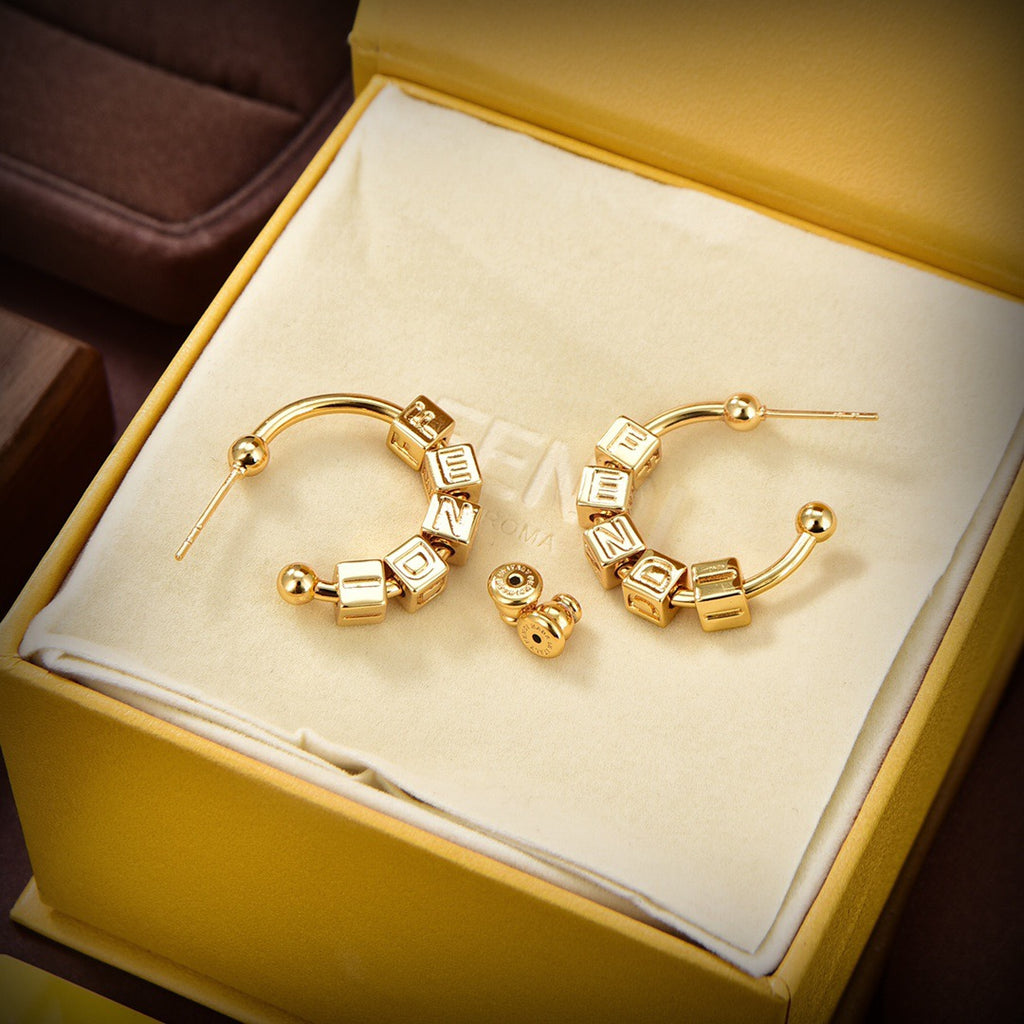 Fendi Graphic Gold-Toned Alphabet Dice Logo C-Hoop Earrings