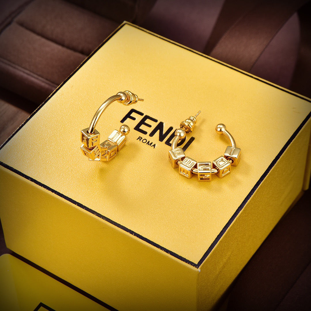 Fendi Graphic Gold-Toned Alphabet Dice Logo C-Hoop Earrings