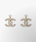 Chanel Romantic Pearl Champagne Gold Heart-Cut Crystal CC Drop Earrings