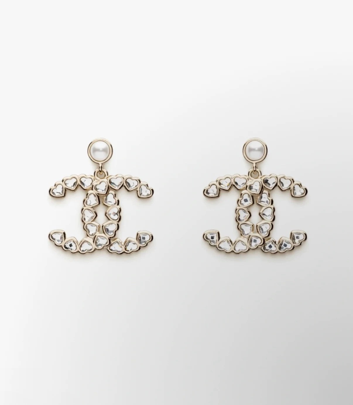 Chanel Romantic Pearl Champagne Gold Heart-Cut Crystal CC Drop Earrings