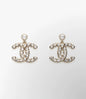 Chanel Romantic Pearl Champagne Gold Heart-Cut Crystal CC Drop Earrings