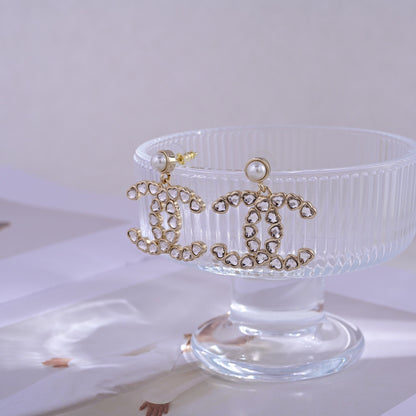 Chanel Romantic Pearl Champagne Gold Heart-Cut Crystal CC Drop Earrings