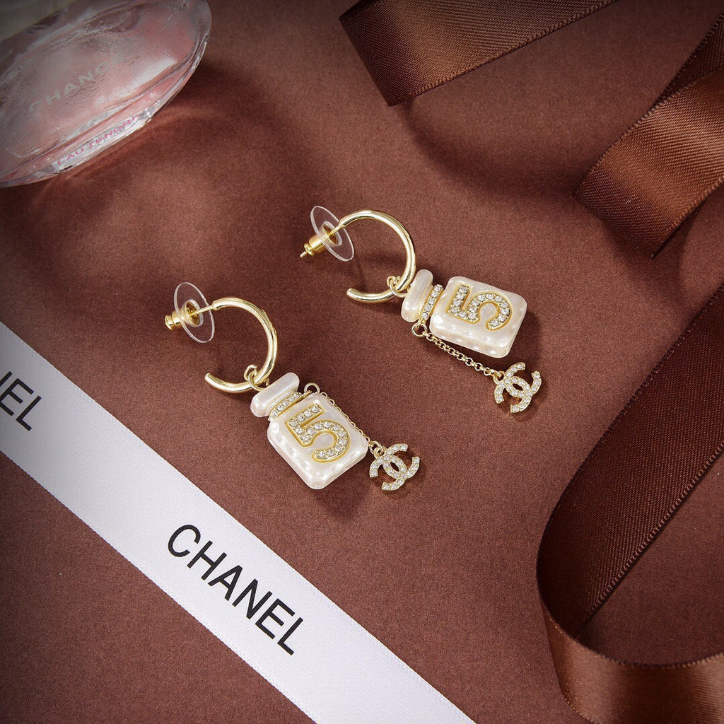 Chanel Iconic N°5 Perfume Bottle Mother-of-Pearl Enamel Rhinestone CC Charm Drop Earrings