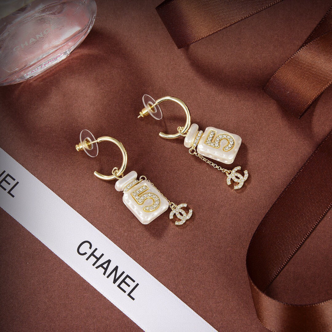 Chanel Iconic N°5 Perfume Bottle Mother-of-Pearl Enamel Rhinestone CC Charm Drop Earrings