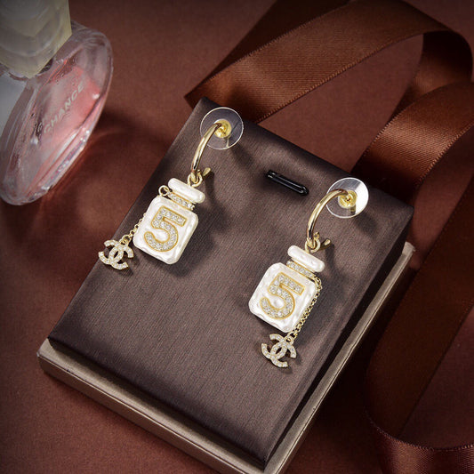 Chanel Iconic N°5 Perfume Bottle Mother-of-Pearl Enamel Rhinestone CC Charm Drop Earrings