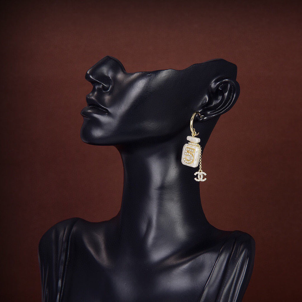 Chanel Iconic N°5 Perfume Bottle Mother-of-Pearl Enamel Rhinestone CC Charm Drop Earrings