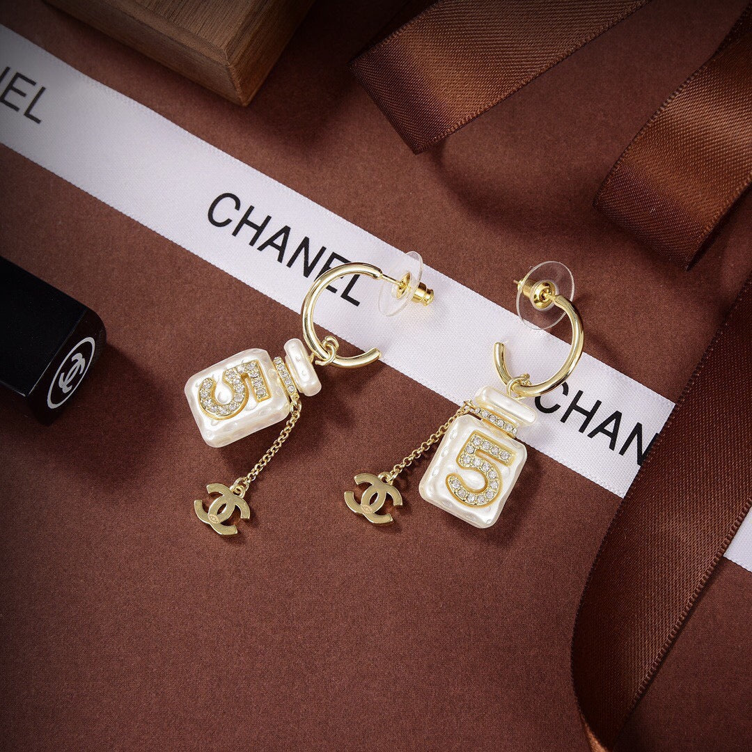 Chanel Iconic N°5 Perfume Bottle Mother-of-Pearl Enamel Rhinestone CC Charm Drop Earrings