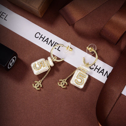 Chanel Iconic N°5 Perfume Bottle Mother-of-Pearl Enamel Rhinestone CC Charm Drop Earrings