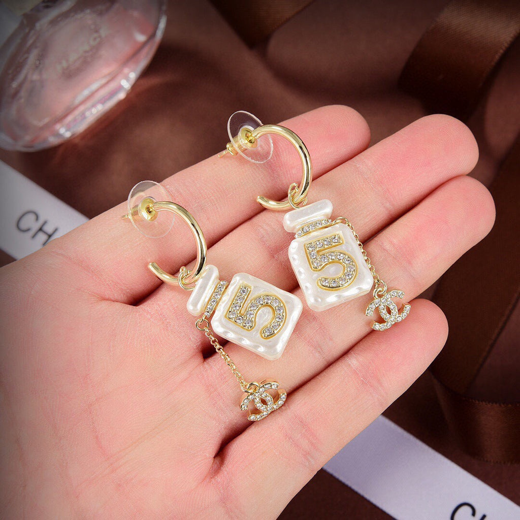 Chanel Iconic N°5 Perfume Bottle Mother-of-Pearl Enamel Rhinestone CC Charm Drop Earrings