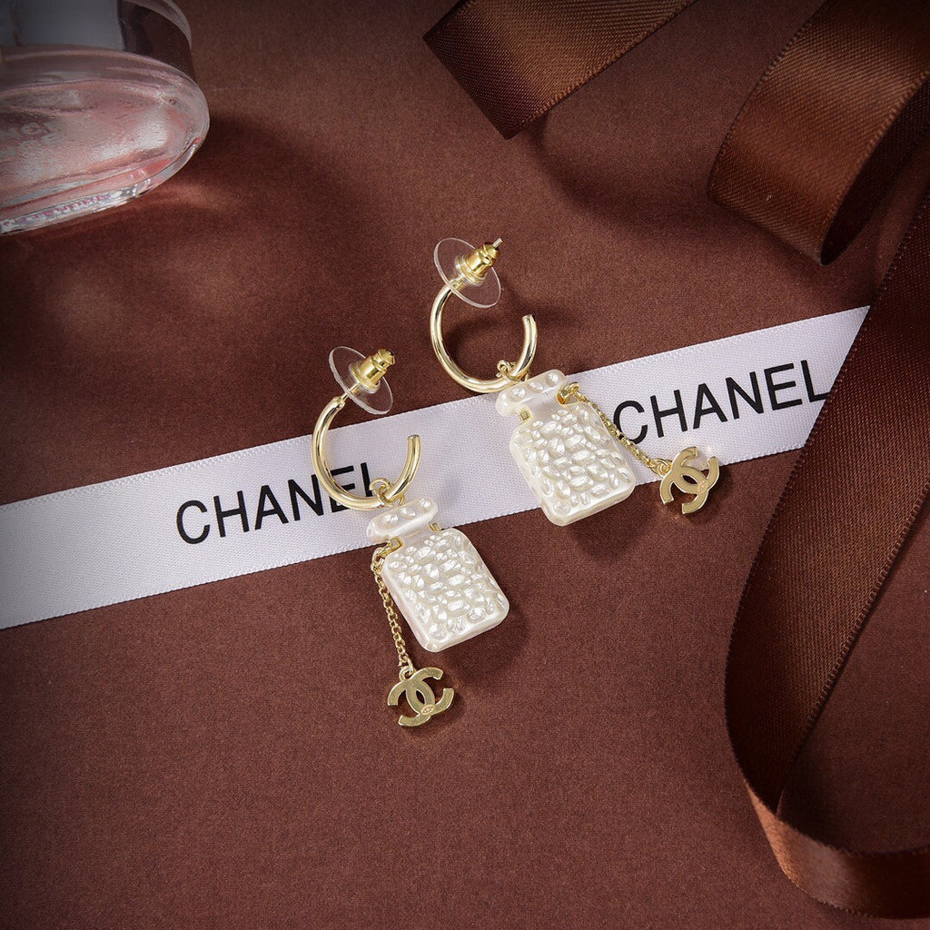 Chanel Iconic N°5 Perfume Bottle Mother-of-Pearl Enamel Rhinestone CC Charm Drop Earrings