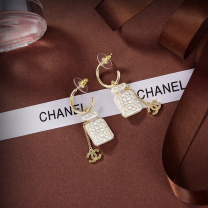 Chanel Iconic N°5 Perfume Bottle Mother-of-Pearl Enamel Rhinestone CC Charm Drop Earrings