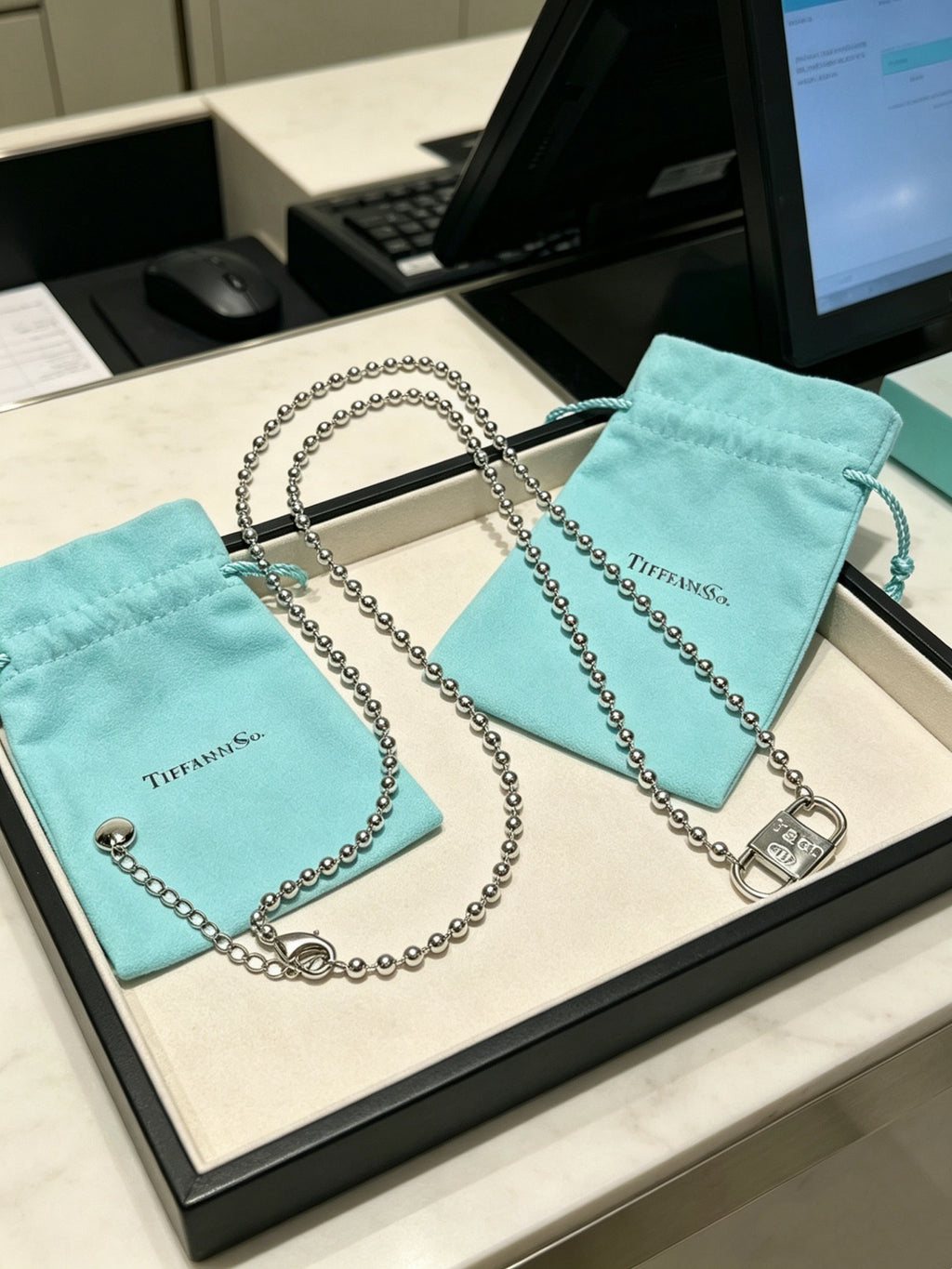 Tiffany & Co. Return to Tiffany Sterling Silver Bead Chain Padlock Pendant Necklace