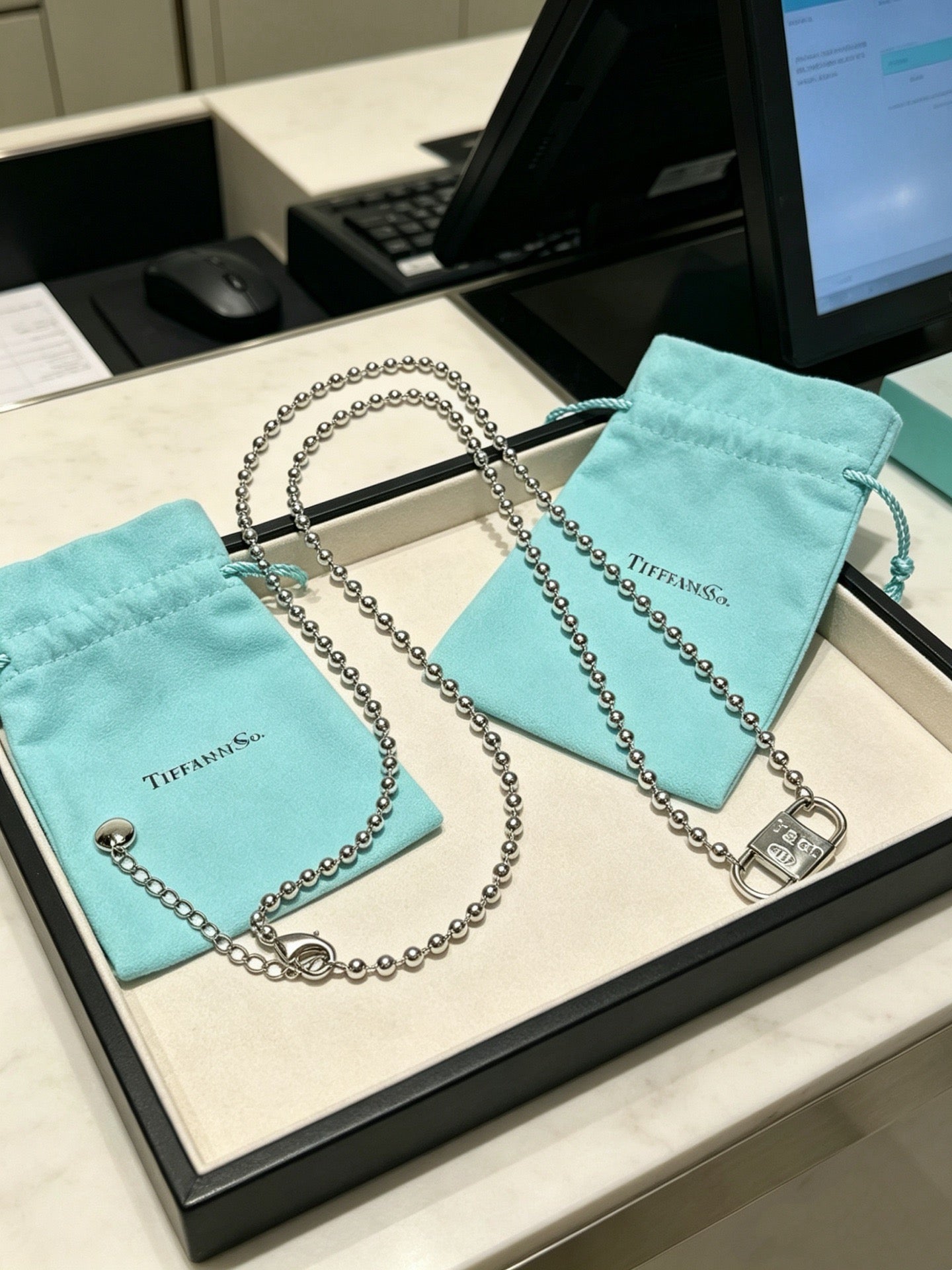 Tiffany & Co. Return to Tiffany Sterling Silver Bead Chain Padlock Pendant Necklace