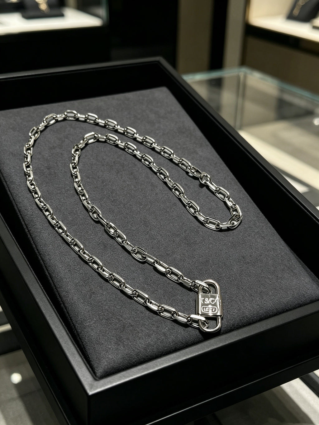 Tiffany & Co. 1837 Sterling Silver Industrial Link Chain Padlock Pendant Necklace