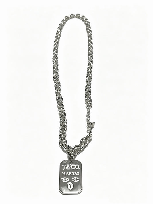 Tiffany & Co. 1837 Makers Sterling Silver Link Chain I.D. Military Tag Pendant Necklace