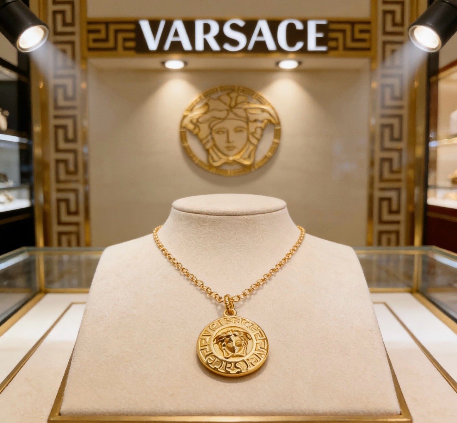 Versace Classic Tribute Gold Medusa Head Greca Round Pendant Necklace