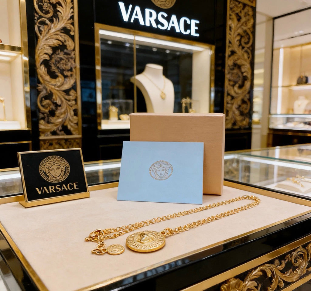 Versace Classic Tribute Gold Medusa Head Greca Round Pendant Necklace