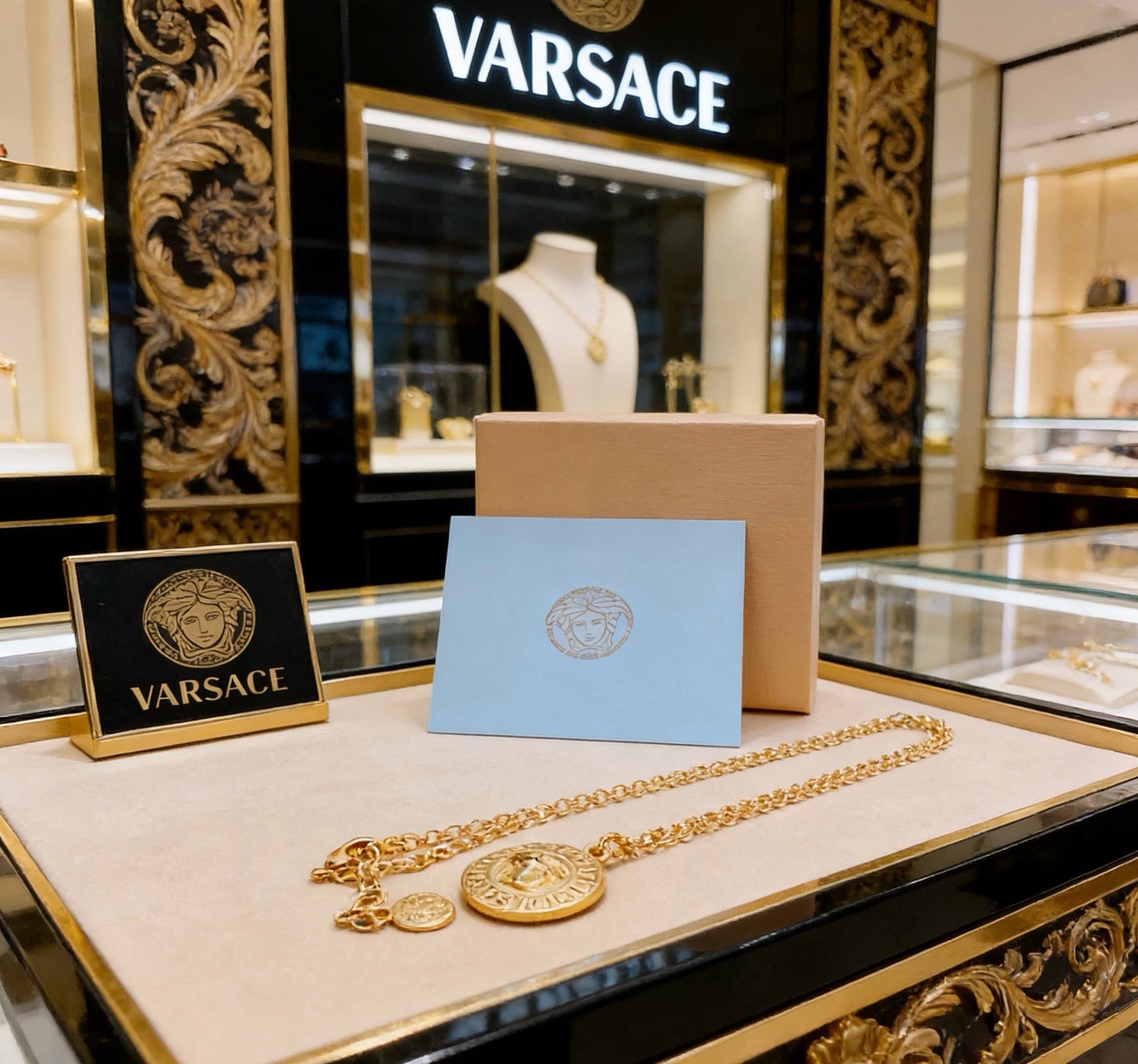 Versace Classic Tribute Gold Medusa Head Greca Round Pendant Necklace