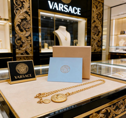 Versace Classic Tribute Gold Medusa Head Greca Round Pendant Necklace