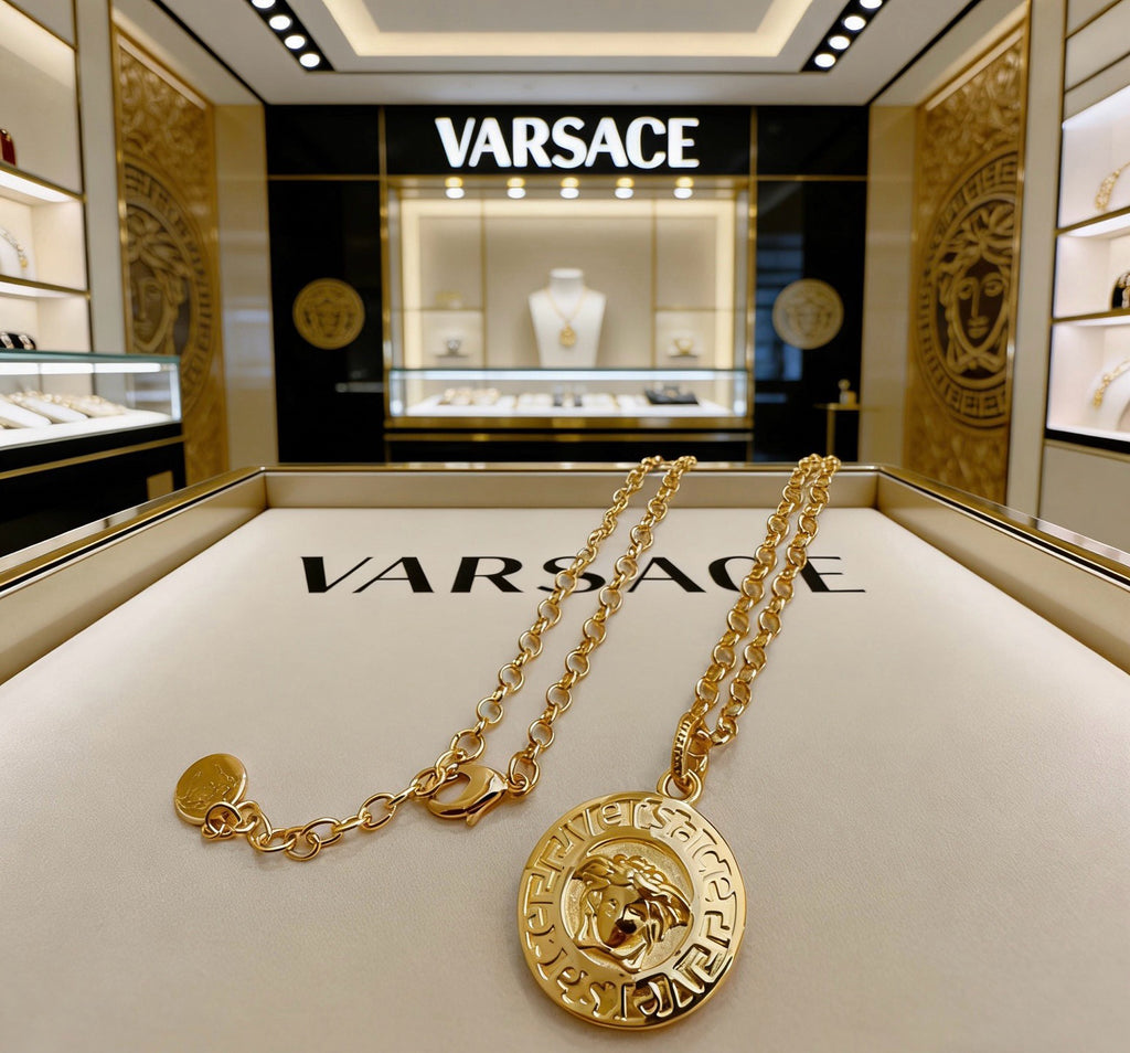 Versace Classic Tribute Gold Medusa Head Greca Round Pendant Necklace