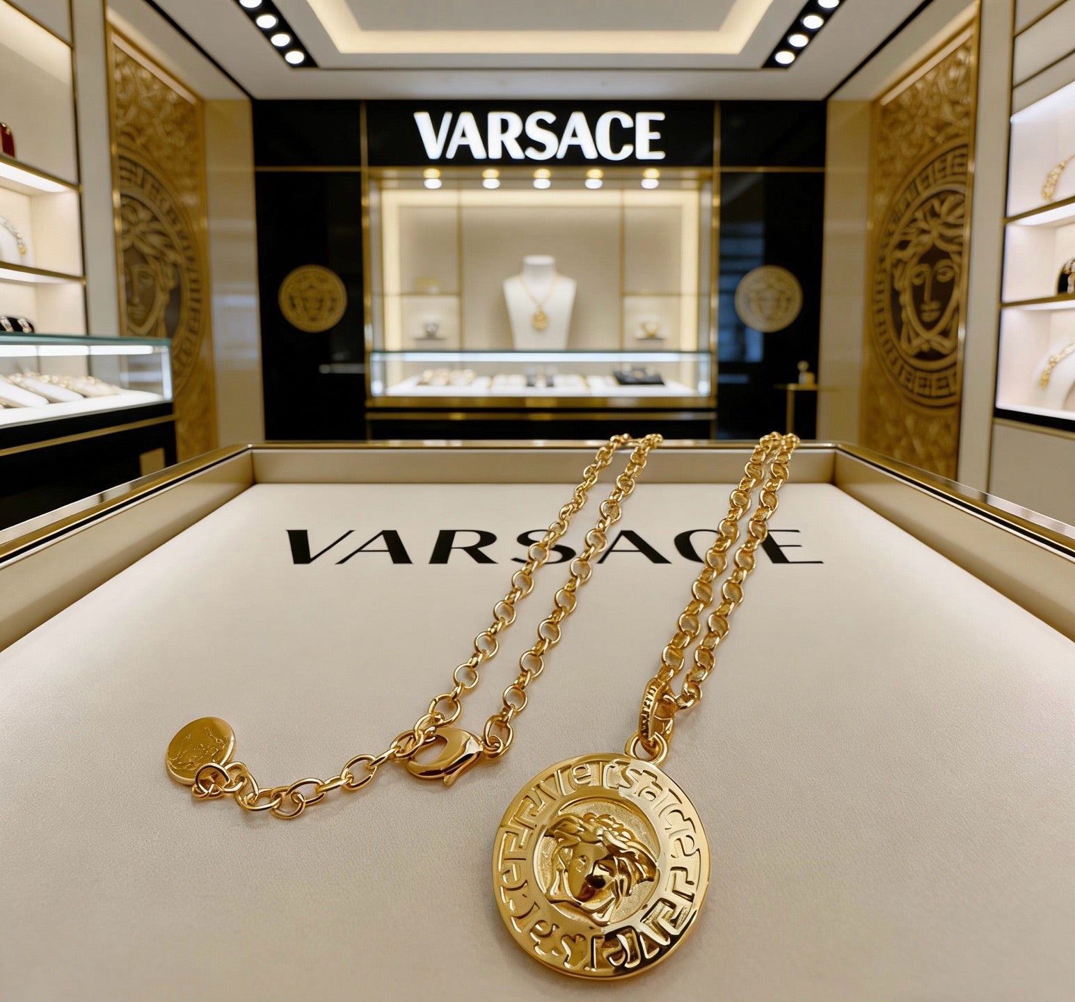 Versace Classic Tribute Gold Medusa Head Greca Round Pendant Necklace
