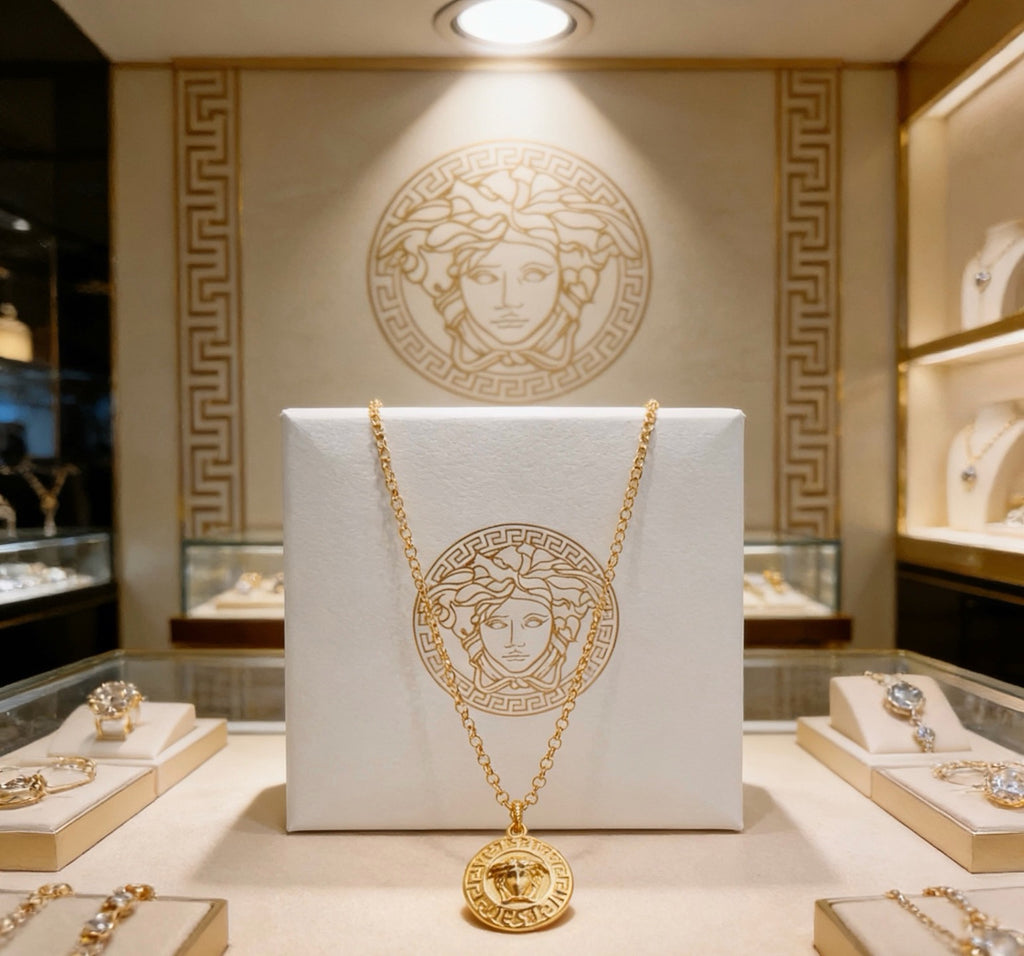 Versace Classic Tribute Gold Medusa Head Greca Round Pendant Necklace