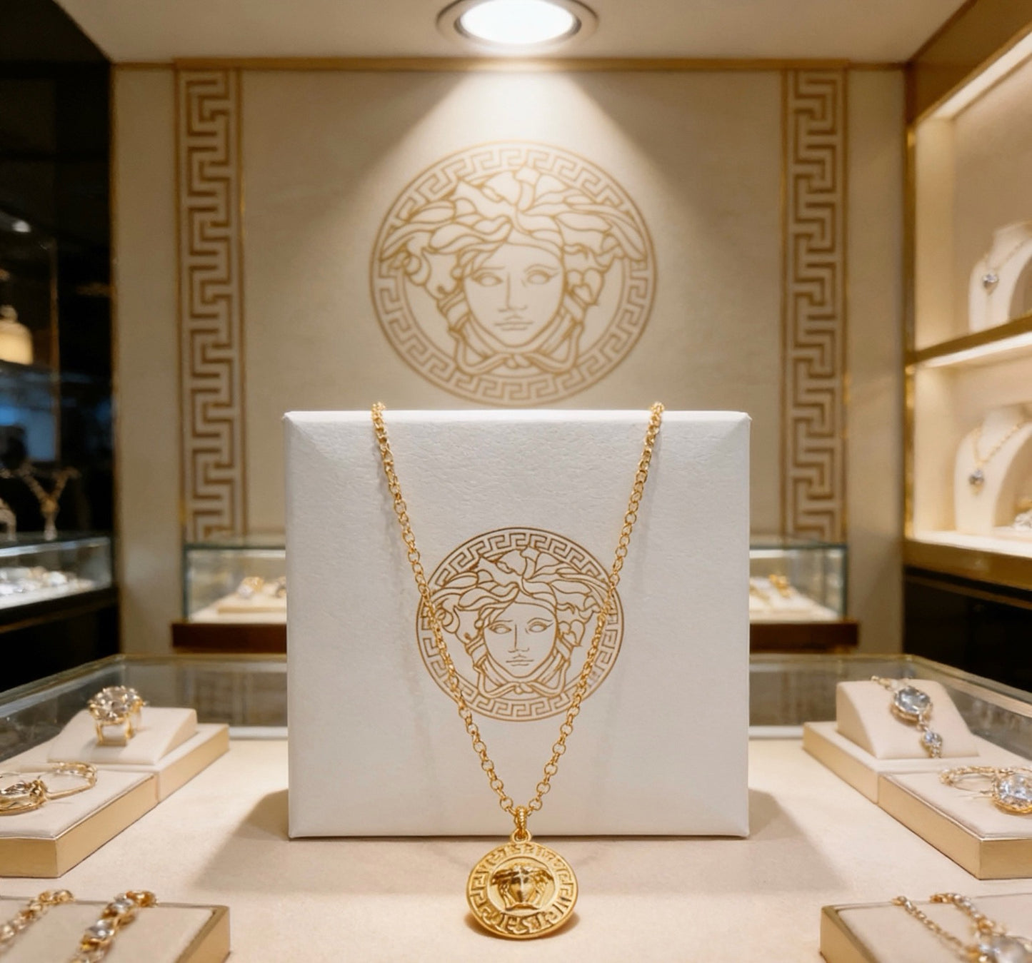 Versace Classic Tribute Gold Medusa Head Greca Round Pendant Necklace