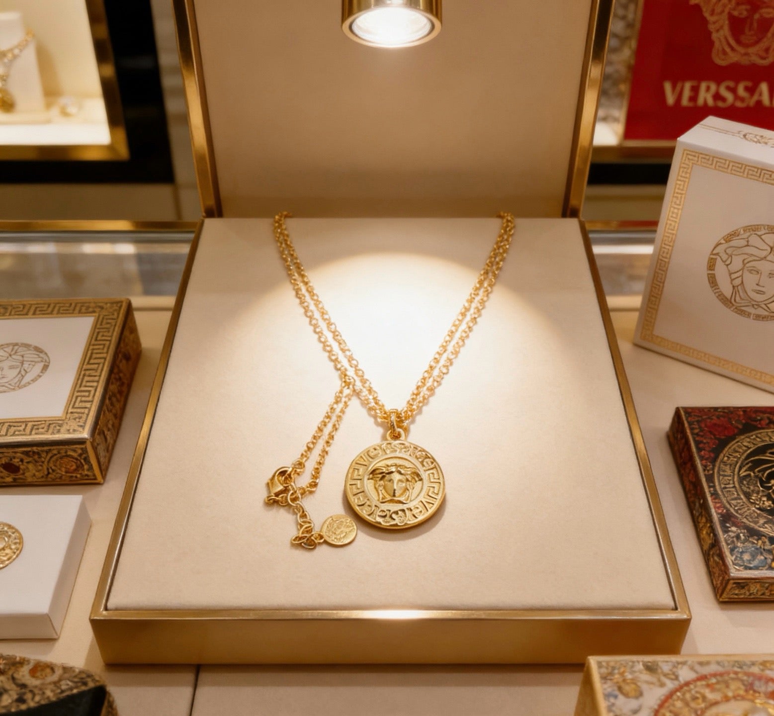 Versace Classic Tribute Gold Medusa Head Greca Round Pendant Necklace
