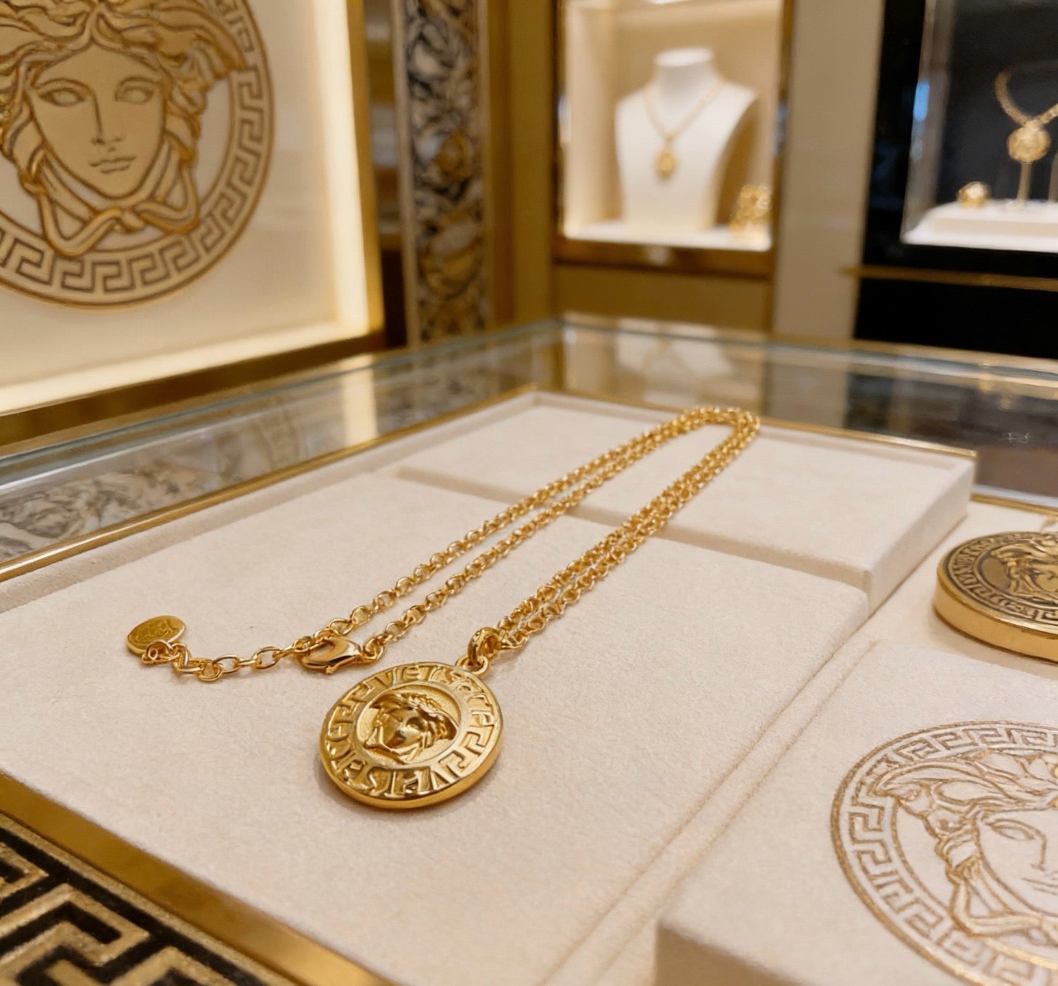 Versace Classic Tribute Gold Medusa Head Greca Round Pendant Necklace