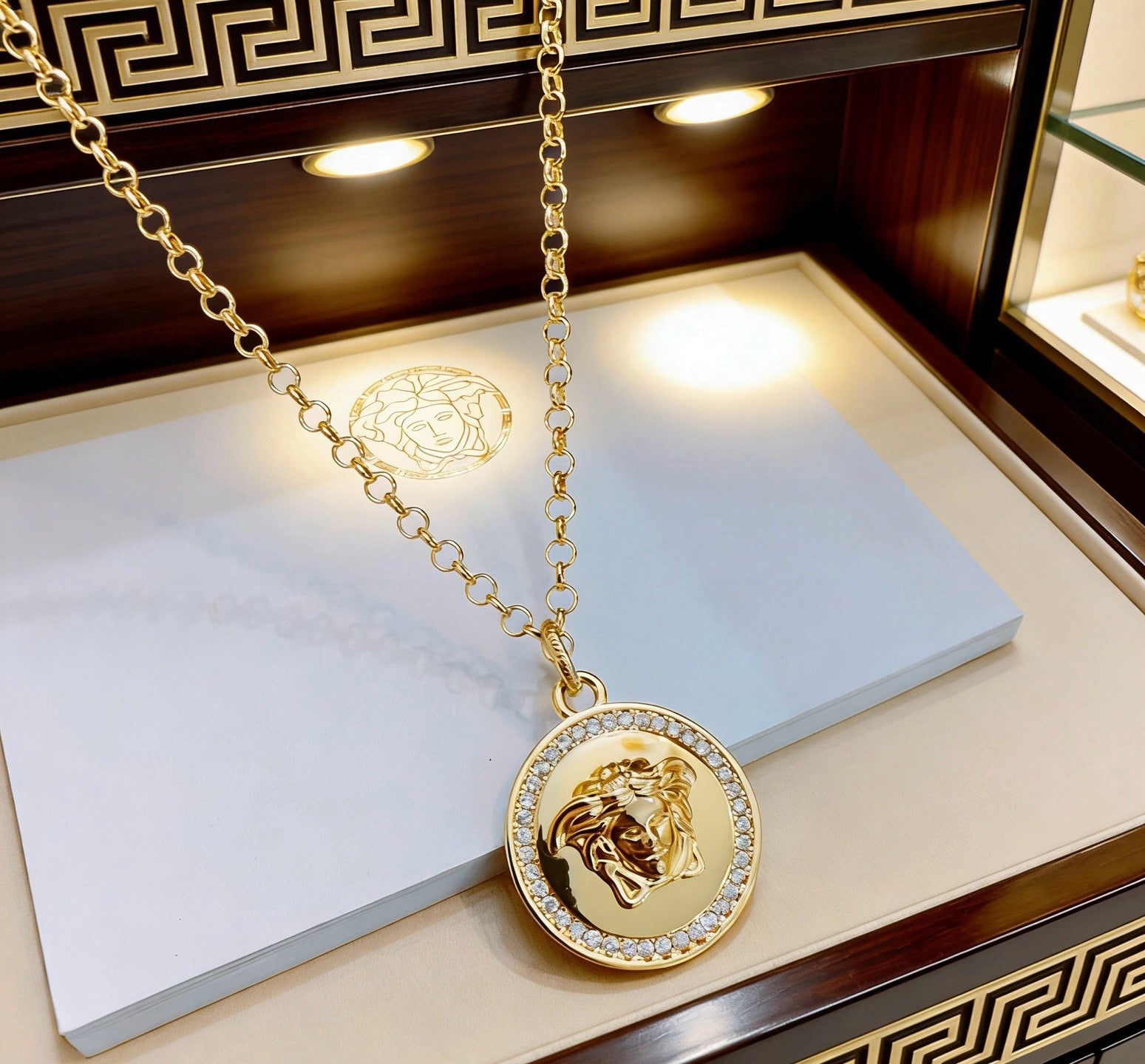 Versace Classic Tribute Gold Medusa Head Crystal-Paved Round Pendant Necklace