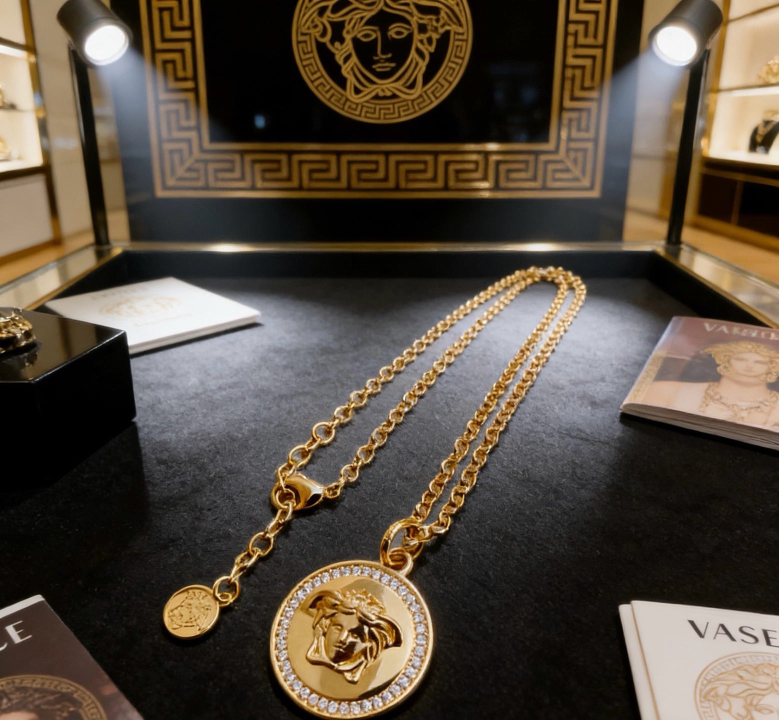 Versace Classic Tribute Gold Medusa Head Crystal-Paved Round Pendant Necklace