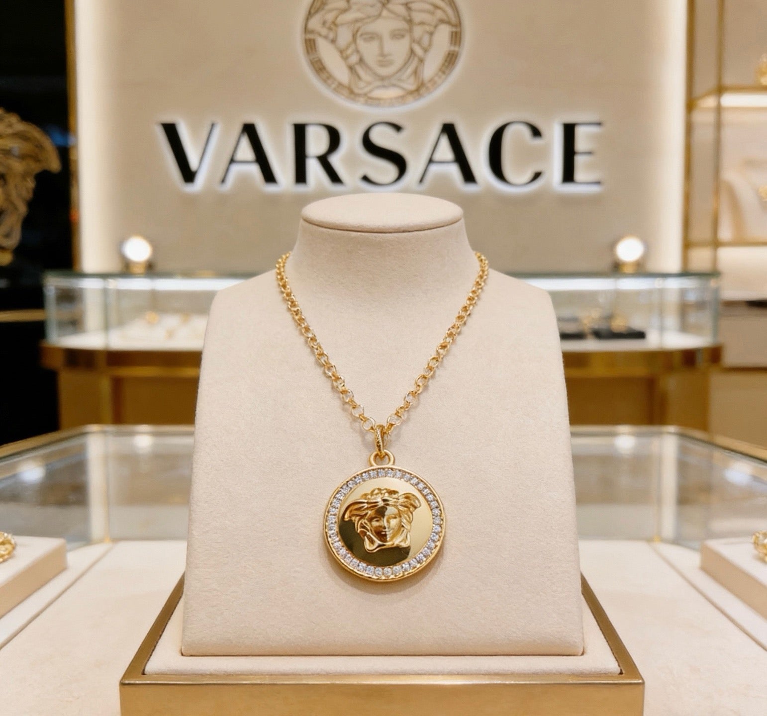 Versace Classic Tribute Gold Medusa Head Crystal-Paved Round Pendant Necklace