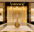 Versace Classic Tribute Gold Medusa Head Crystal-Paved Round Pendant Necklace