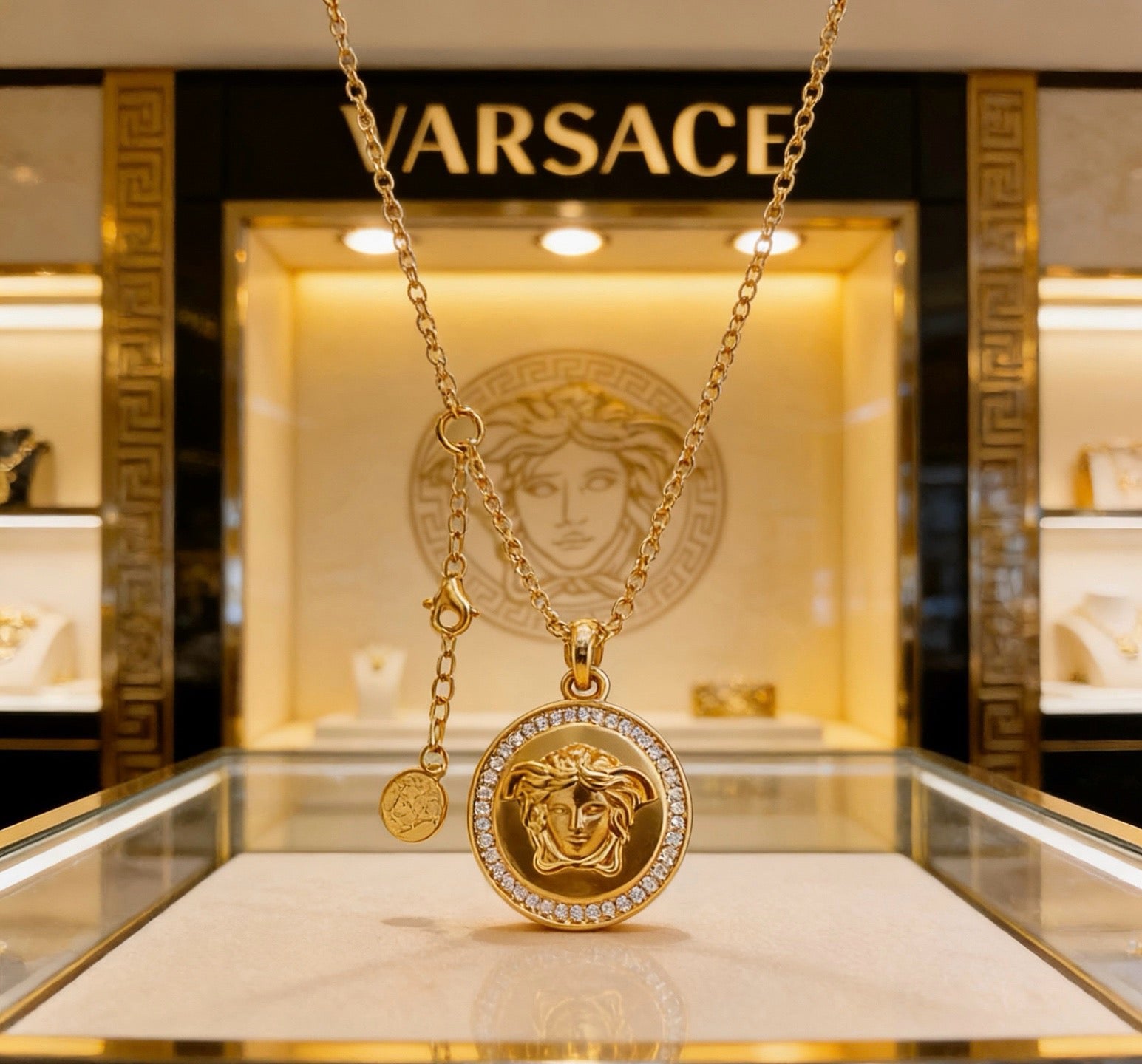 Versace Classic Tribute Gold Medusa Head Crystal-Paved Round Pendant Necklace