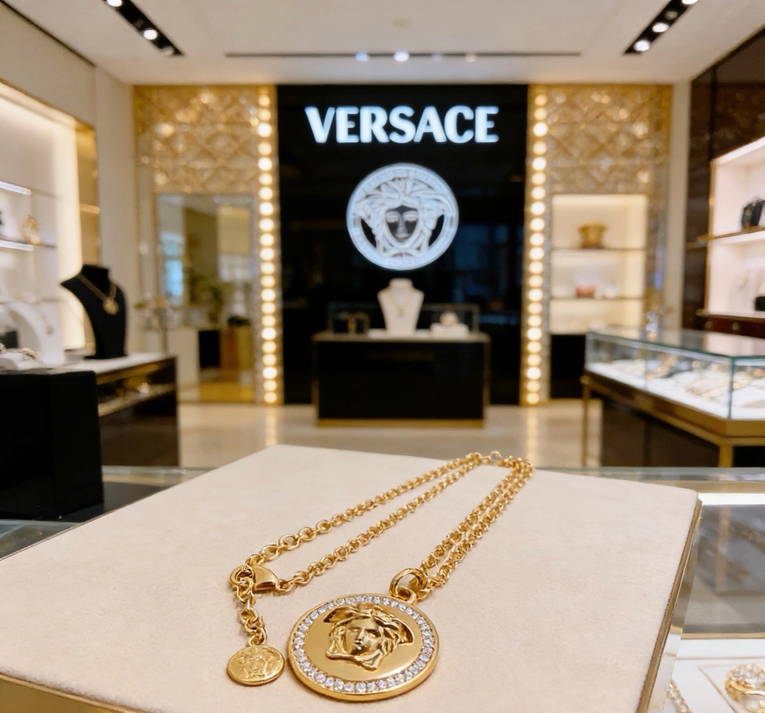 Versace Classic Tribute Gold Medusa Head Crystal-Paved Round Pendant Necklace