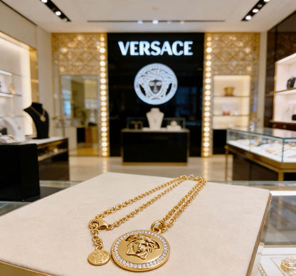 Versace Classic Tribute Gold Medusa Head Crystal-Paved Round Pendant Necklace