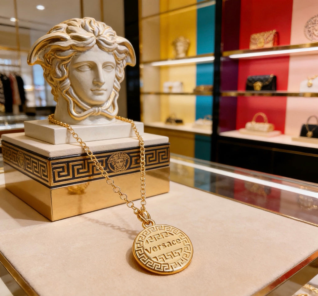 Versace Classic Tribute Gold Medusa Head Crystal-Paved Round Pendant Necklace