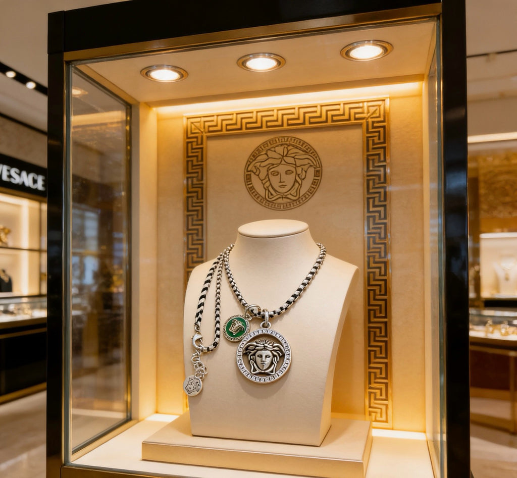 Versace Silver-Tone Medusa Head Green Enamel & Crystal Double Pendant Necklace